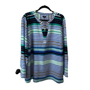 Talbots Striped Blue Green Long Sleeve V Neck Sheer Top Blouse Womens Size 3X